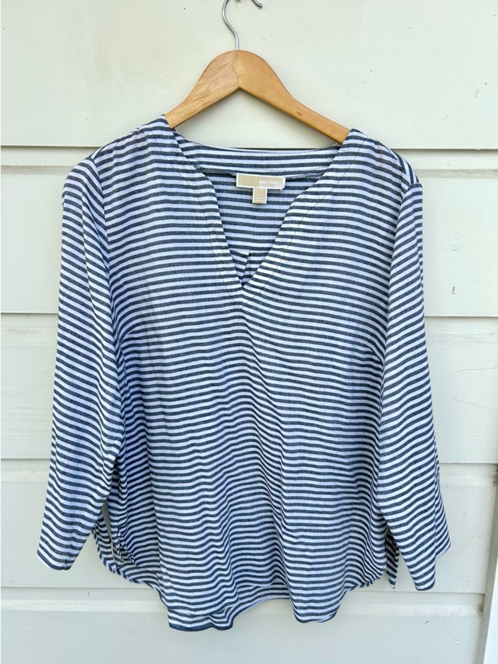 Michael Kors Gray and White Striped Long Sleeve V-Neck Top